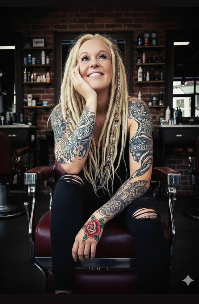 Christine van Roots & Curls, met lange blonde dreads, in een kappersstoel